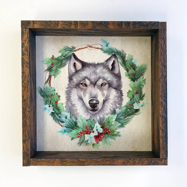 Christmas Wreath Wolf - Cute Holiday Animal - Framed Decor