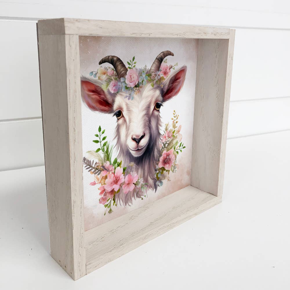 Springtime Flower Goat - Cute Goat Canvas Art - Wood Framed