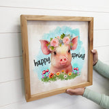 Happy Spring Pig - Baby Animals - Nursery Art & Wood Frame
