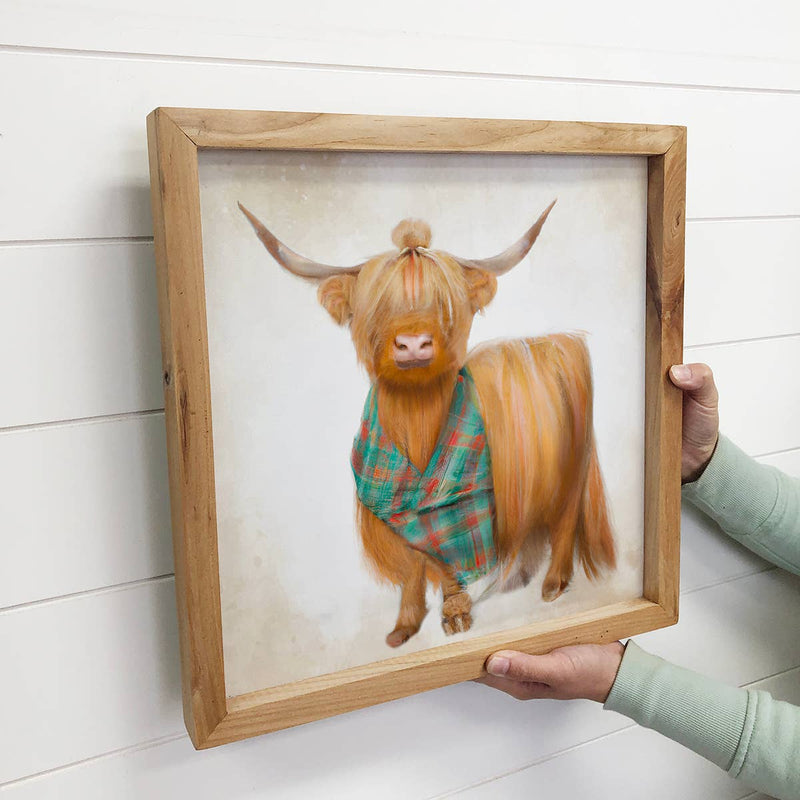 Funny Gift Sign - Cute Highland Cow Gal with Hair Bun Art