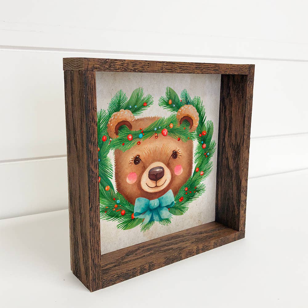 Christmas Wreath Bear - Cute Holiday Animals - Wood Framed