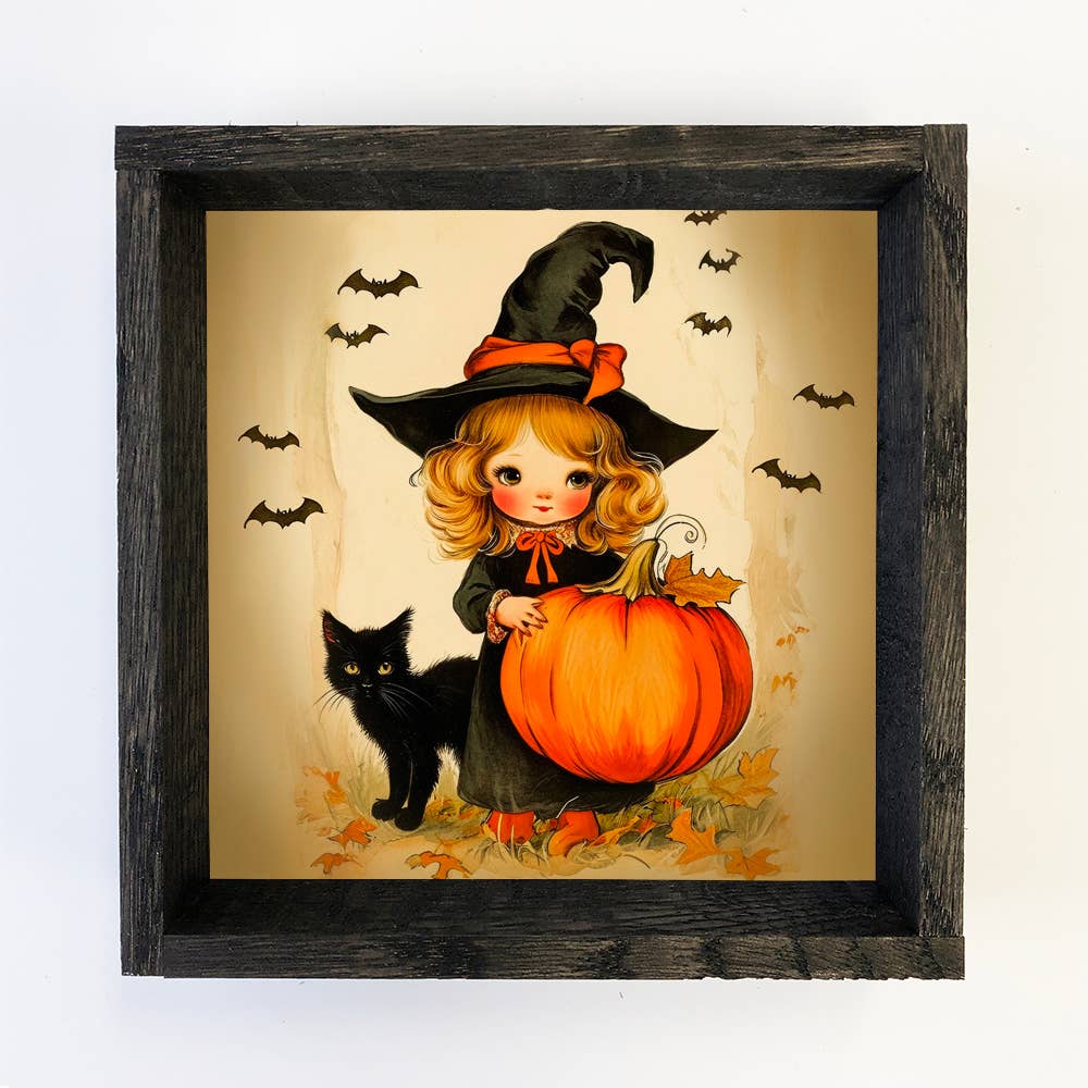 Vintage Witch Girl Pumpkin and Cat - Halloween Canvas Art