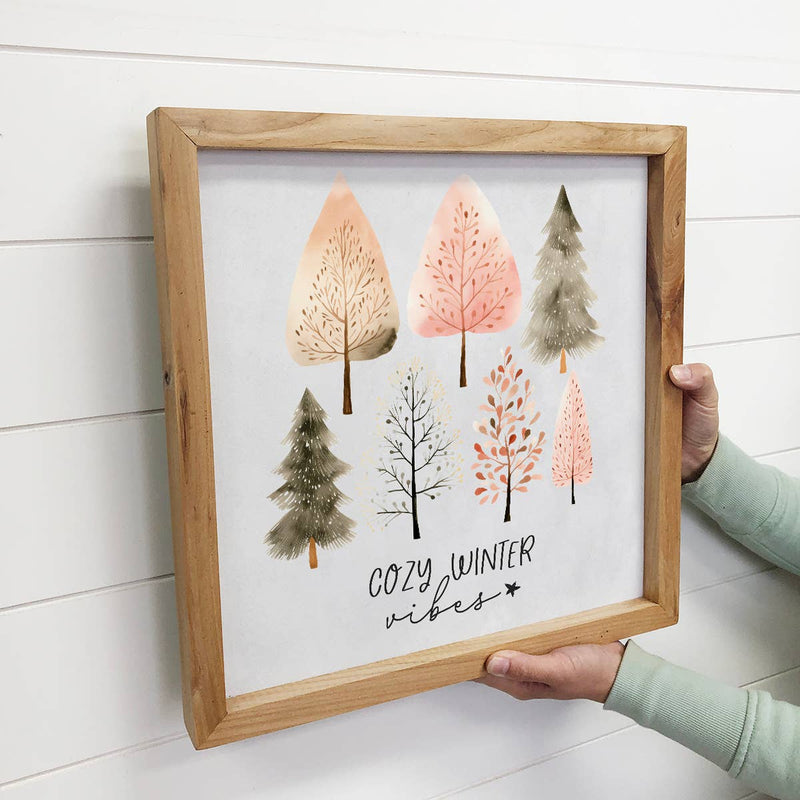 Hygge Cozy Winter Vibes - Rustic Holiday Canvas Art - Framed