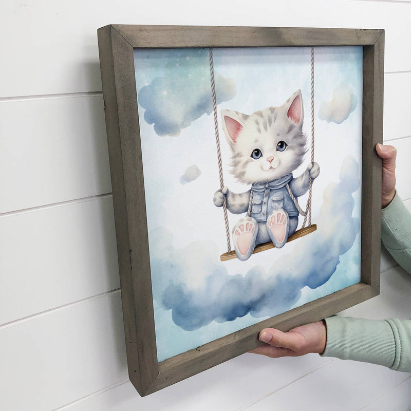 Swinging Baby Cat - Sweet Cat Canvas Art - Wood Framed