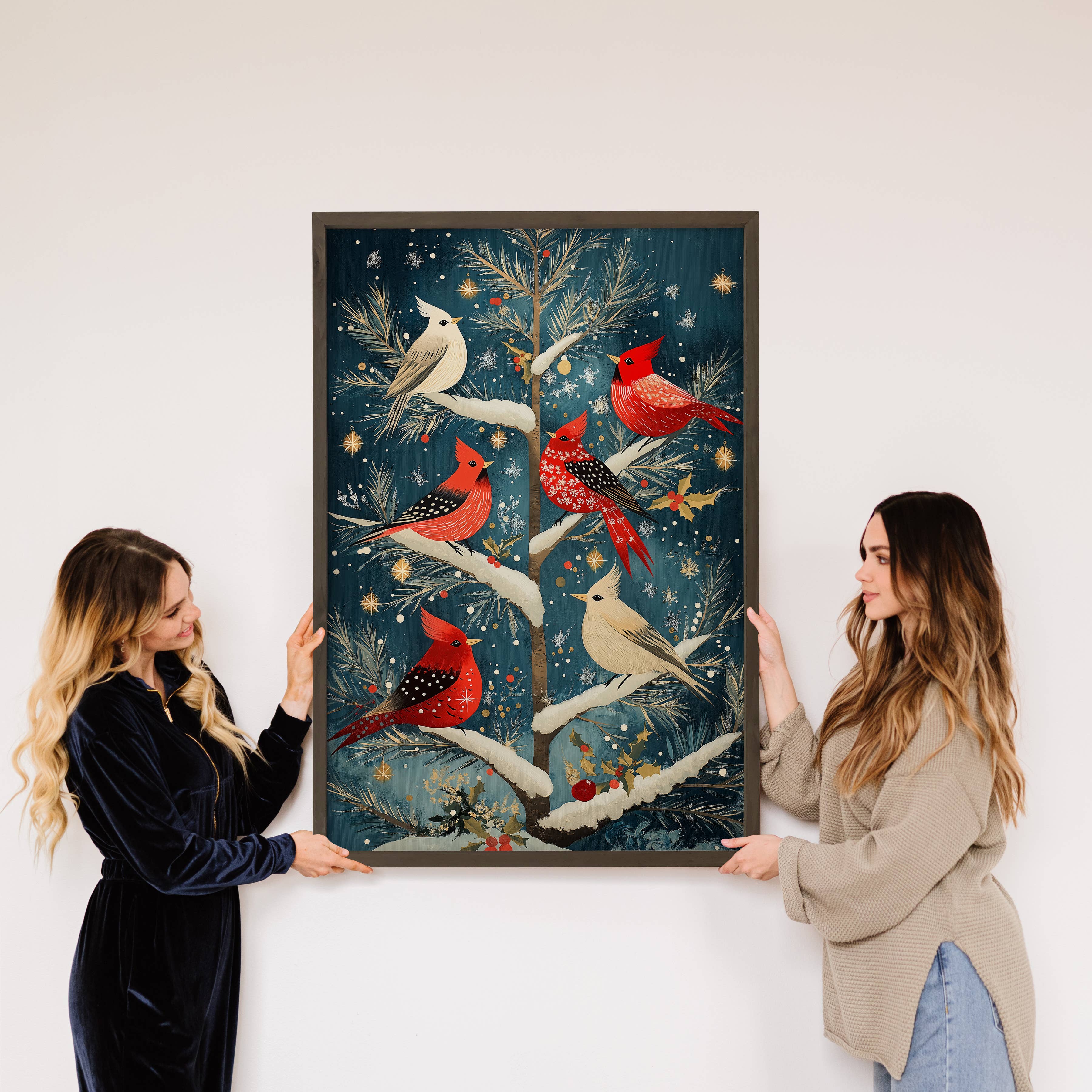 Cardinals in Tree - Winter Birds Painting - Wood Framed Art