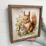 Mother Baby Squirrel Watercolor - Animal Canvas Art - Framed