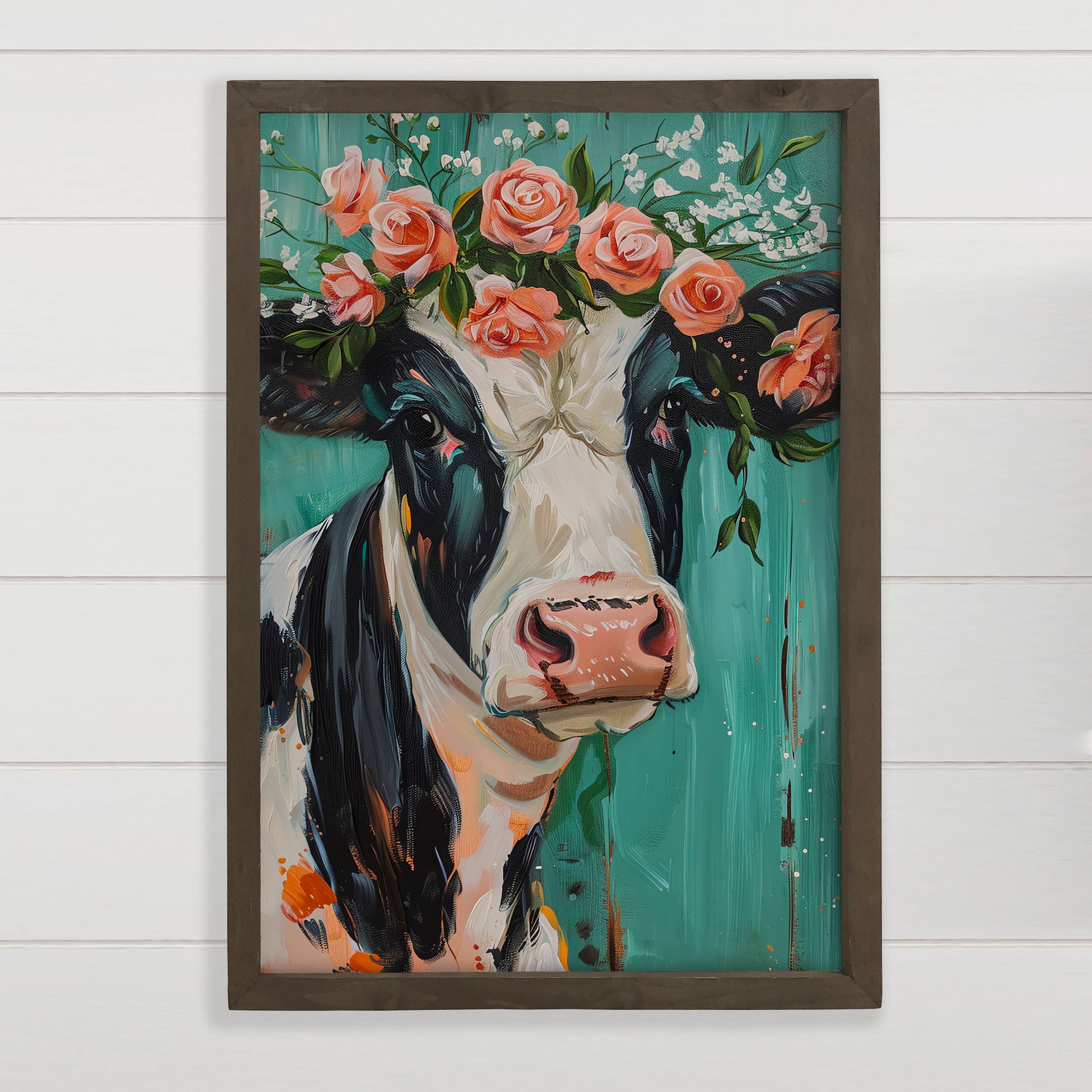 Cow with Pink Flowers Turquoise Background - Cow Canvas Art