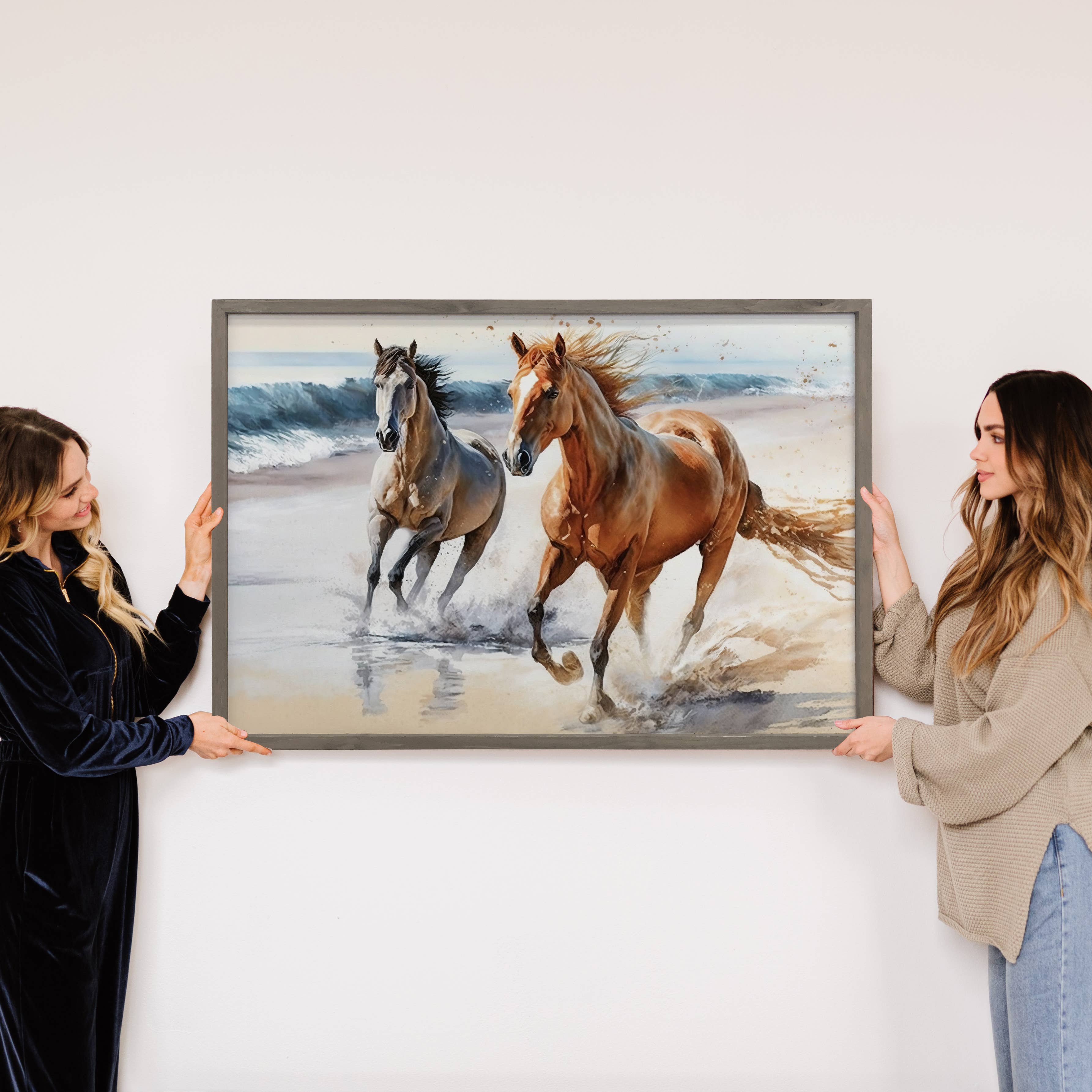 Horses on the Beach - Framed Horses Canvas Art - Beach Decor