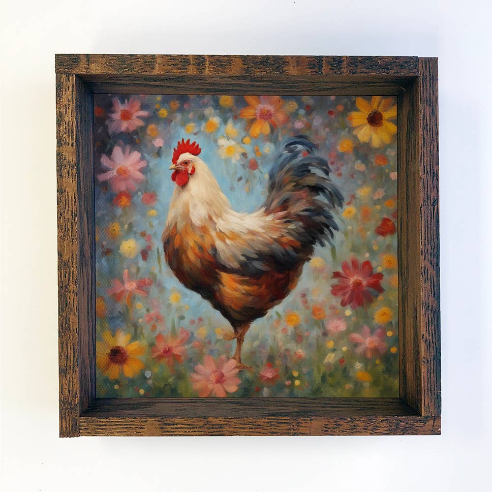 Colorful Floral Chicken - Wood Framed Farmhouse Canvas Art