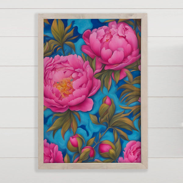 Pink Peonies Vivid Blue Background - Frame Floral Canvas Art