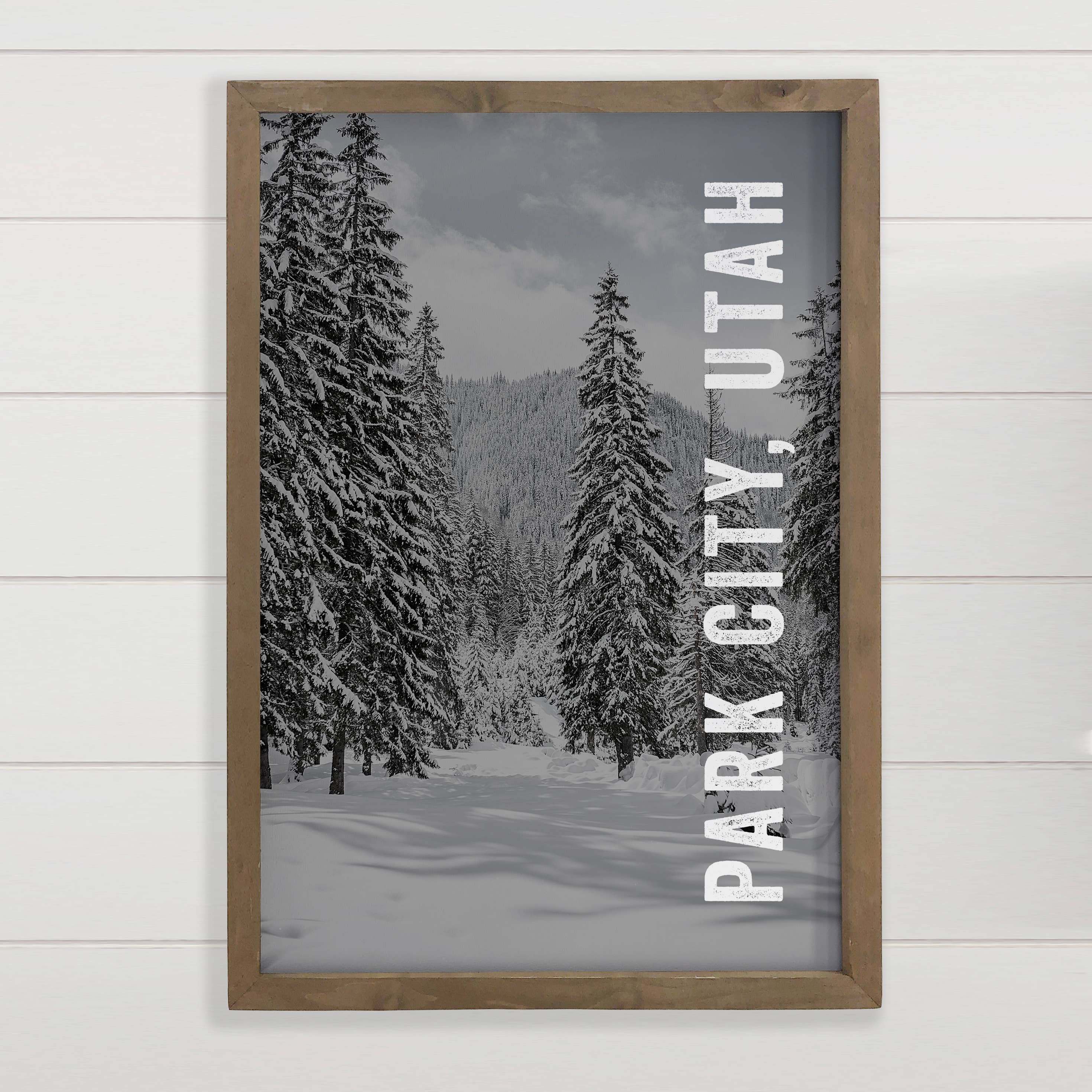 Any Customized Town - Snowy Pines Park City Wood Framed Art