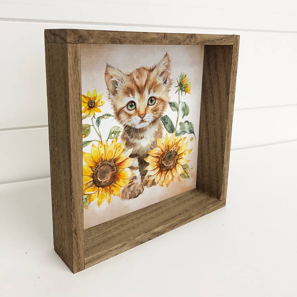 Kitty With Sunflowers - Cat Canvas Art - Wood Framed Decor