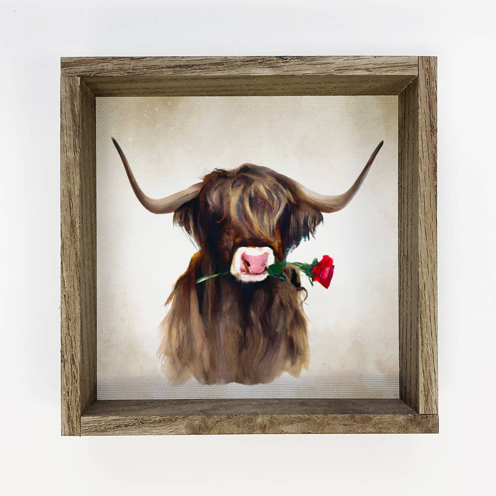 Valentine's Cow Sign - Highland Bull with a Red Rose