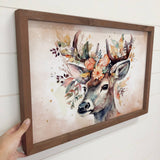 Deer Adorned with Flowers - Framed Animal Painting - Cabin