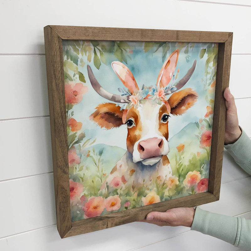 Cow Wearing Bunny Ears - Cute Farm Easter Canvas Art