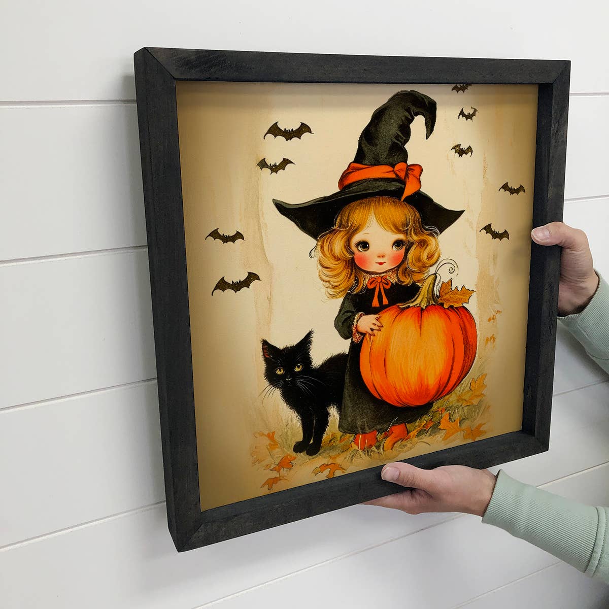 Vintage Witch Girl Pumpkin and Cat - Halloween Canvas Art