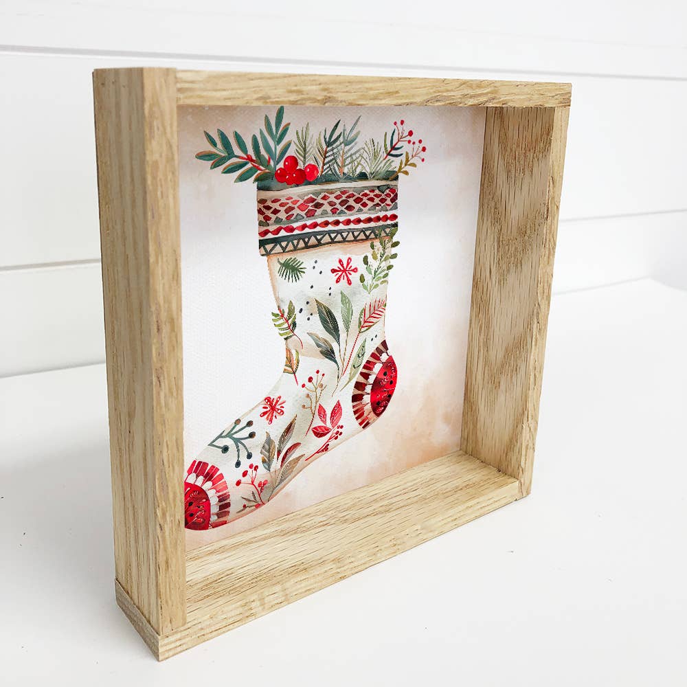 Scandi Watercolor Christmas Stocking - Christmas Canvas Art