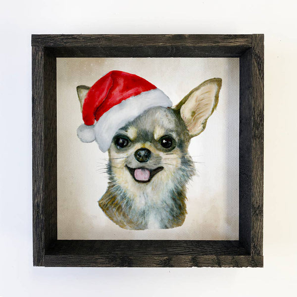 Chihuahua Dog in Santa Hat Christmas Small Canvas Wood Sign