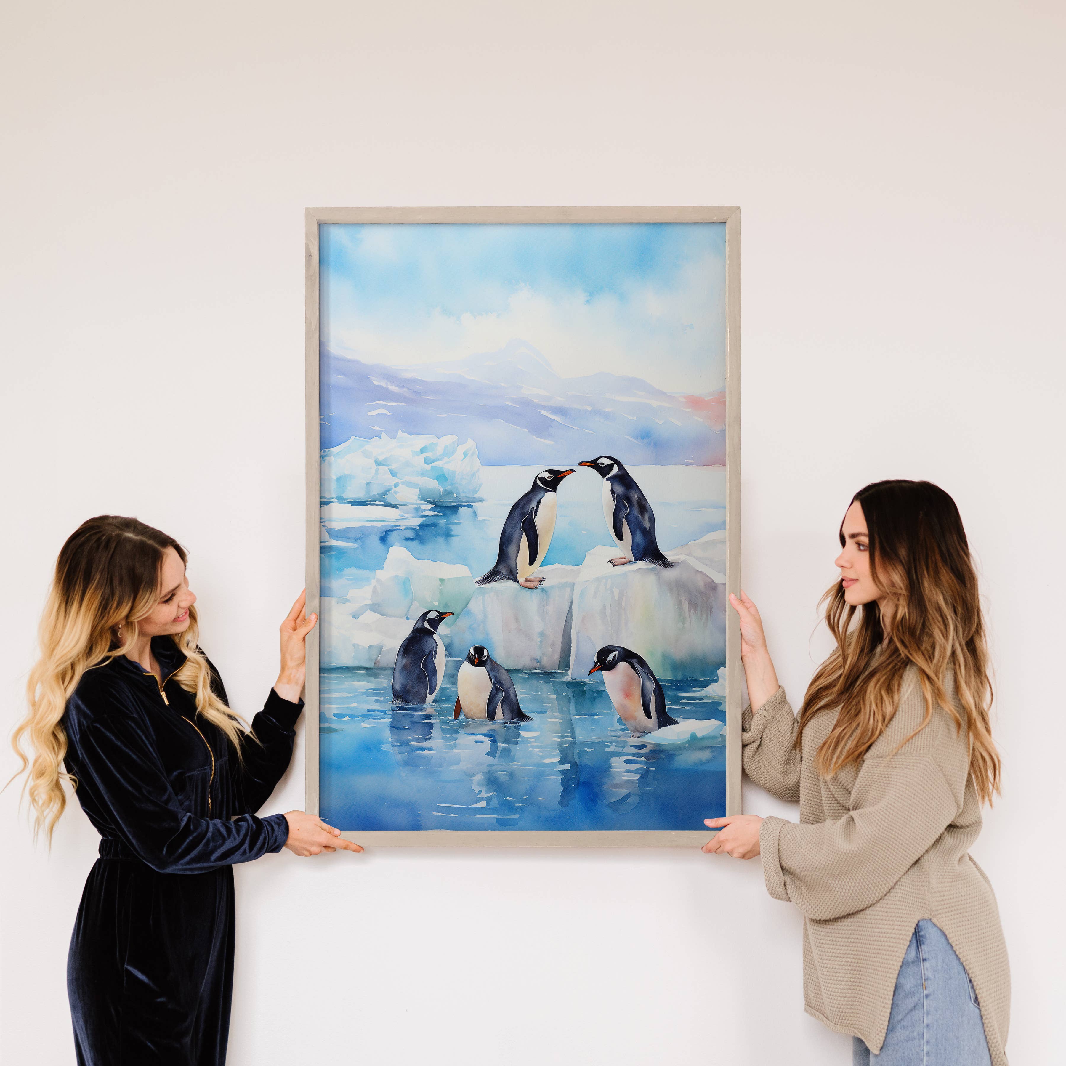 Penguins at Play - Winter Animal Canvas Art - Wood Framed