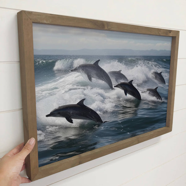 Dolphin Pod - Framed Canvas Animal Art - Beach House Decor