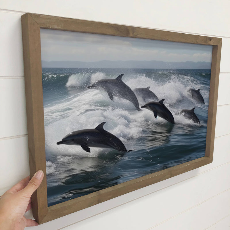 Dolphin Pod - Framed Canvas Animal Art - Beach House Decor