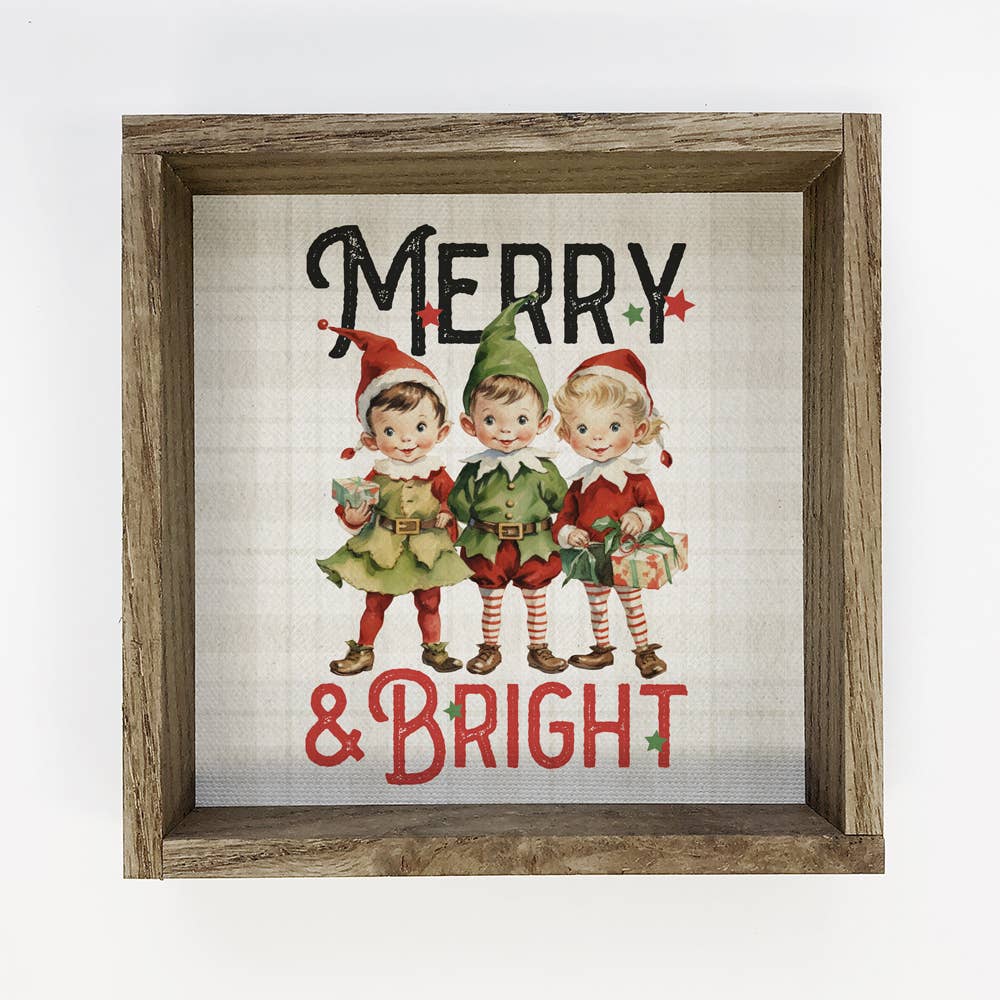 Merry & Bright - Cute Wood Framed Holiday Canvas Wall Art