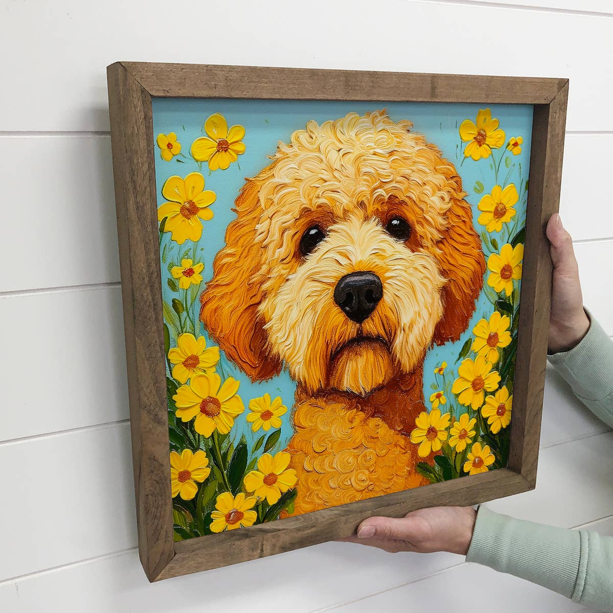 Golden Doodle Yellow Daisies - Dog and Flower Canvas Art