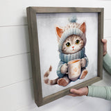 Gray Winter Cat - Cute Holiday Animal - Wood Framed Wall Art