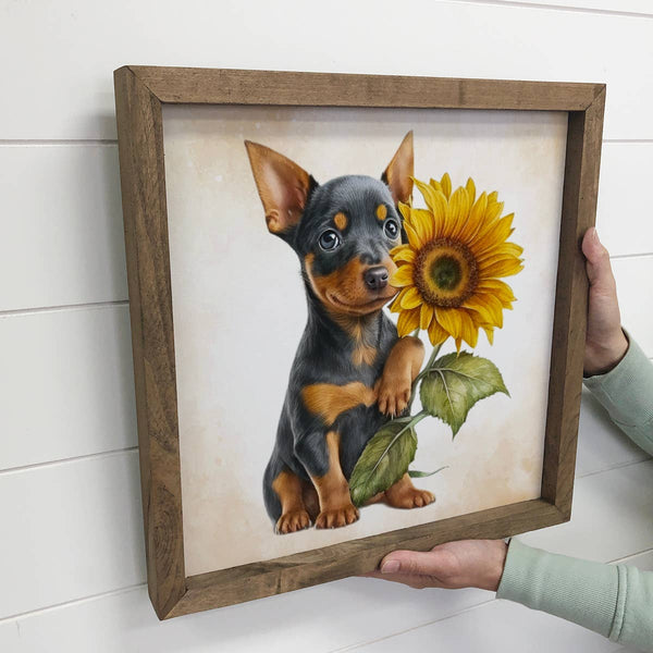 Sunflower Mini Pinscher - Cute Puppy and Flowers - Fall Art