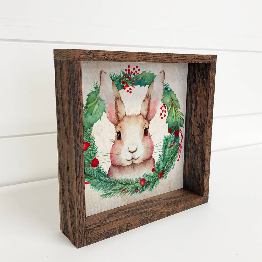 Christmas Wreath Bunny - Cute Holiday Animals - Framed Art