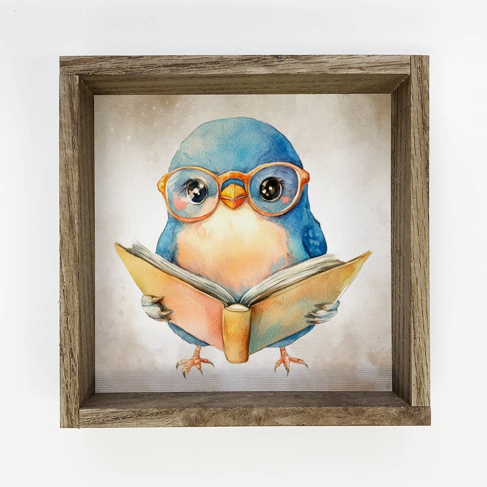 Bird Reading Book - Cute Bird Canvas Art - Wood Framed Art