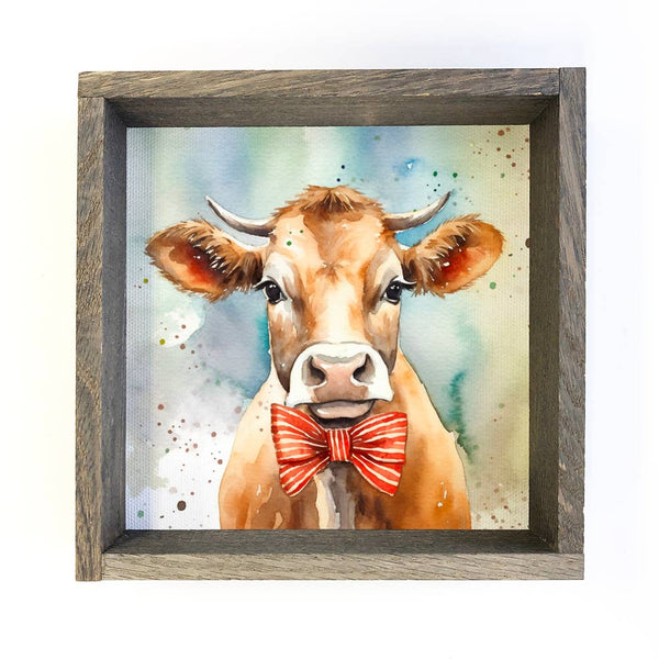 Cow with Bowtie - Framed Animal Wall Art - Farmhouse Decor