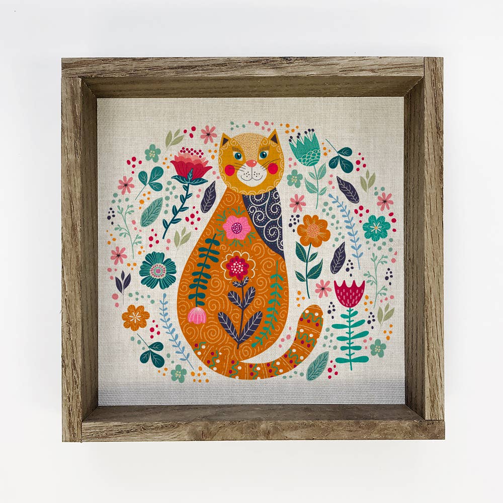 Folk Orange Cat Wall Art - Animal Folk Canvas Art - Framed