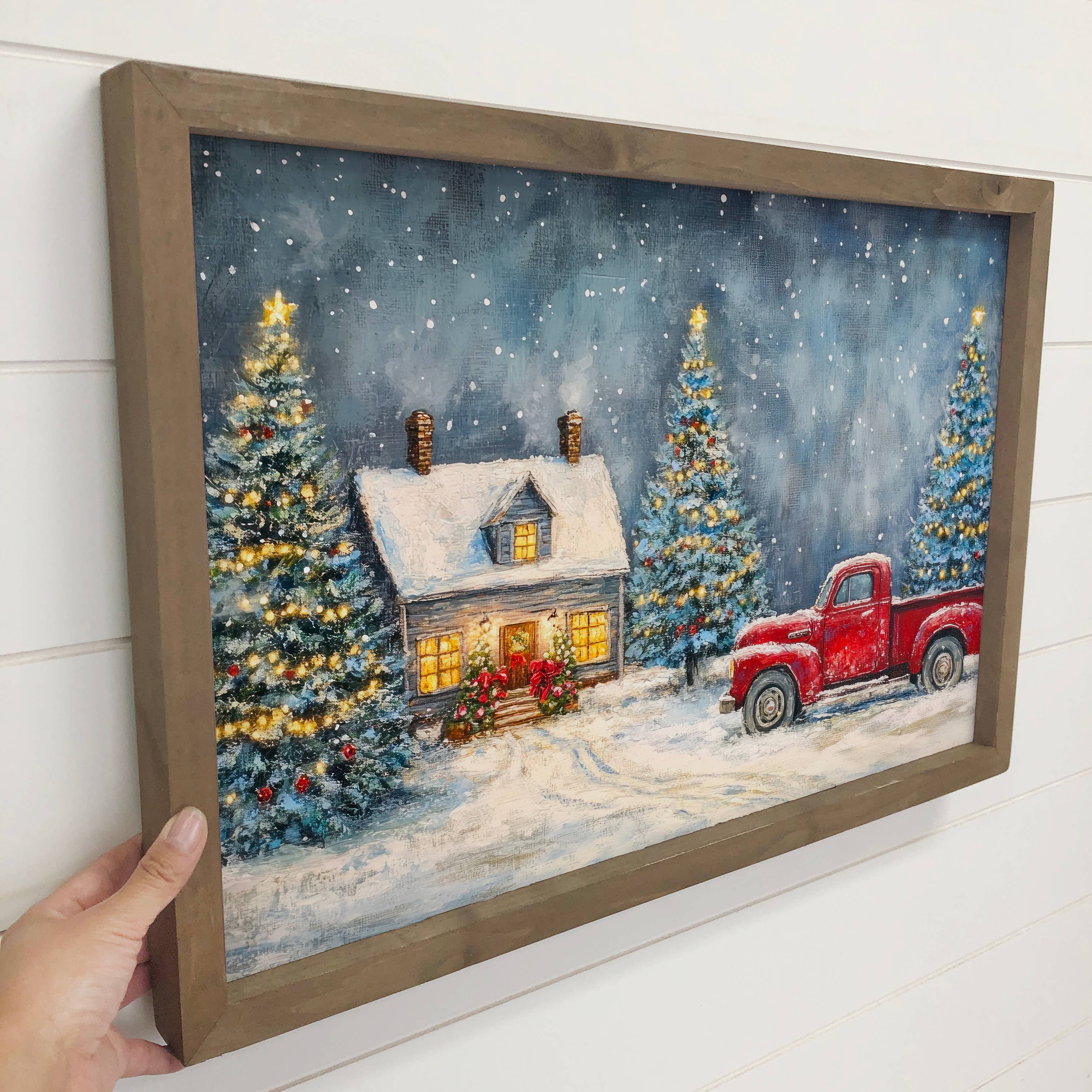 Vintage Red Truck Christmas House - Christmas Canvas Art