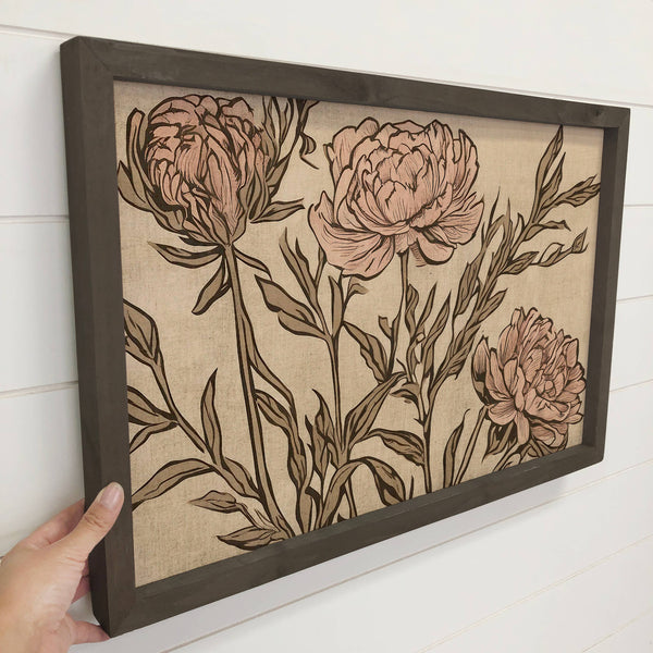 Peony Linocut - Floral Canvas Art - Wood Framed Farmhouse