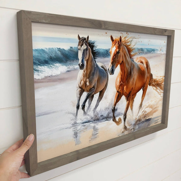 Horses on the Beach - Framed Horses Canvas Art - Beach Decor