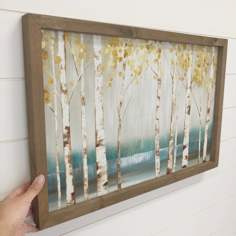 Golden Leaf Birch Trees - Framed Nature Wall Decor - Cabin