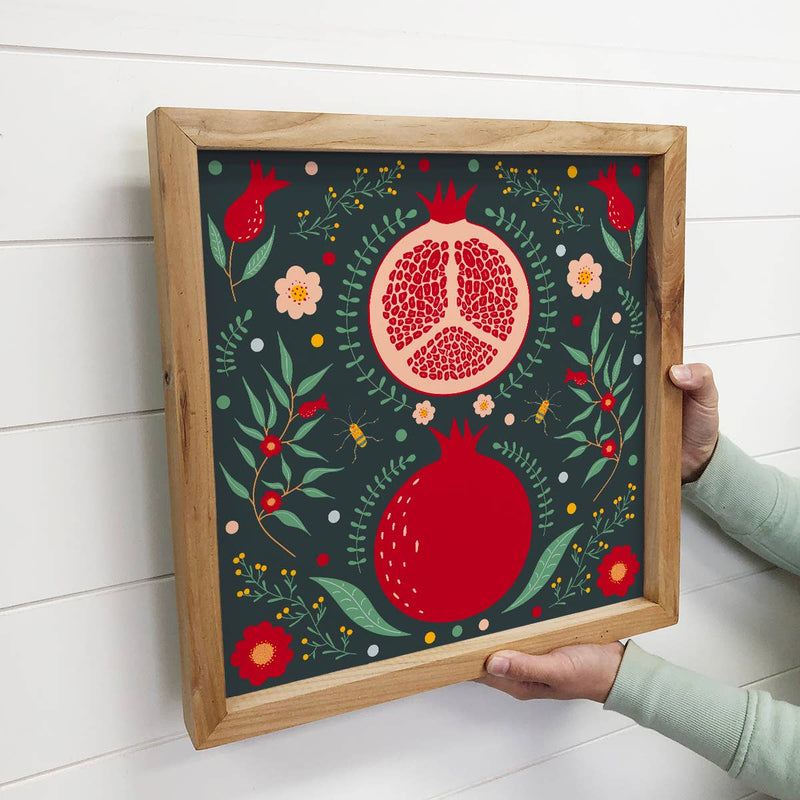 Folk Art Pomegranate - Pomegranate Canvas Art - Wood Framed