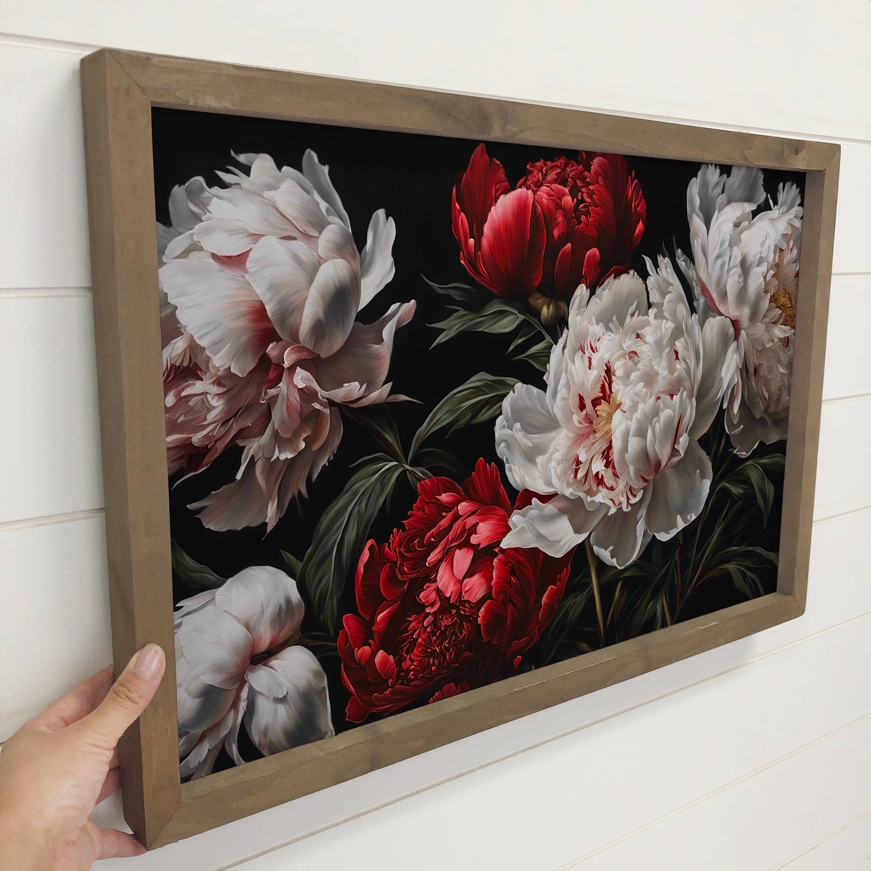 White Red Peonies Dark - Peony Canvas Art - Wood Framed Art