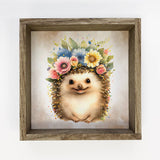 Cute Flower Hedgehog - Nursery Art with Rustic Wood Frame