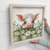 Piggy & White Daisies - Cute Baby Animal Wall Art - Framed