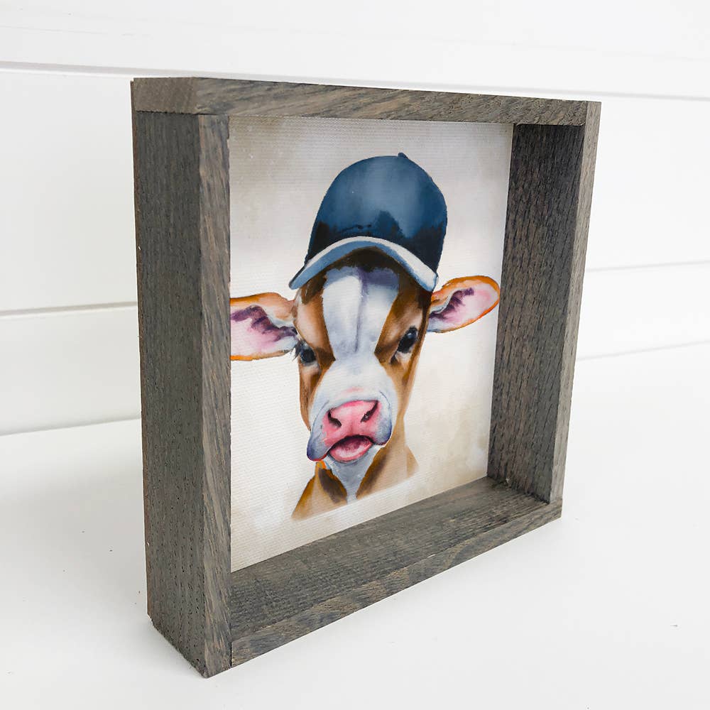 Cute Farm Sign - Cow in a Blue Baseball Cap - Texas Rangers