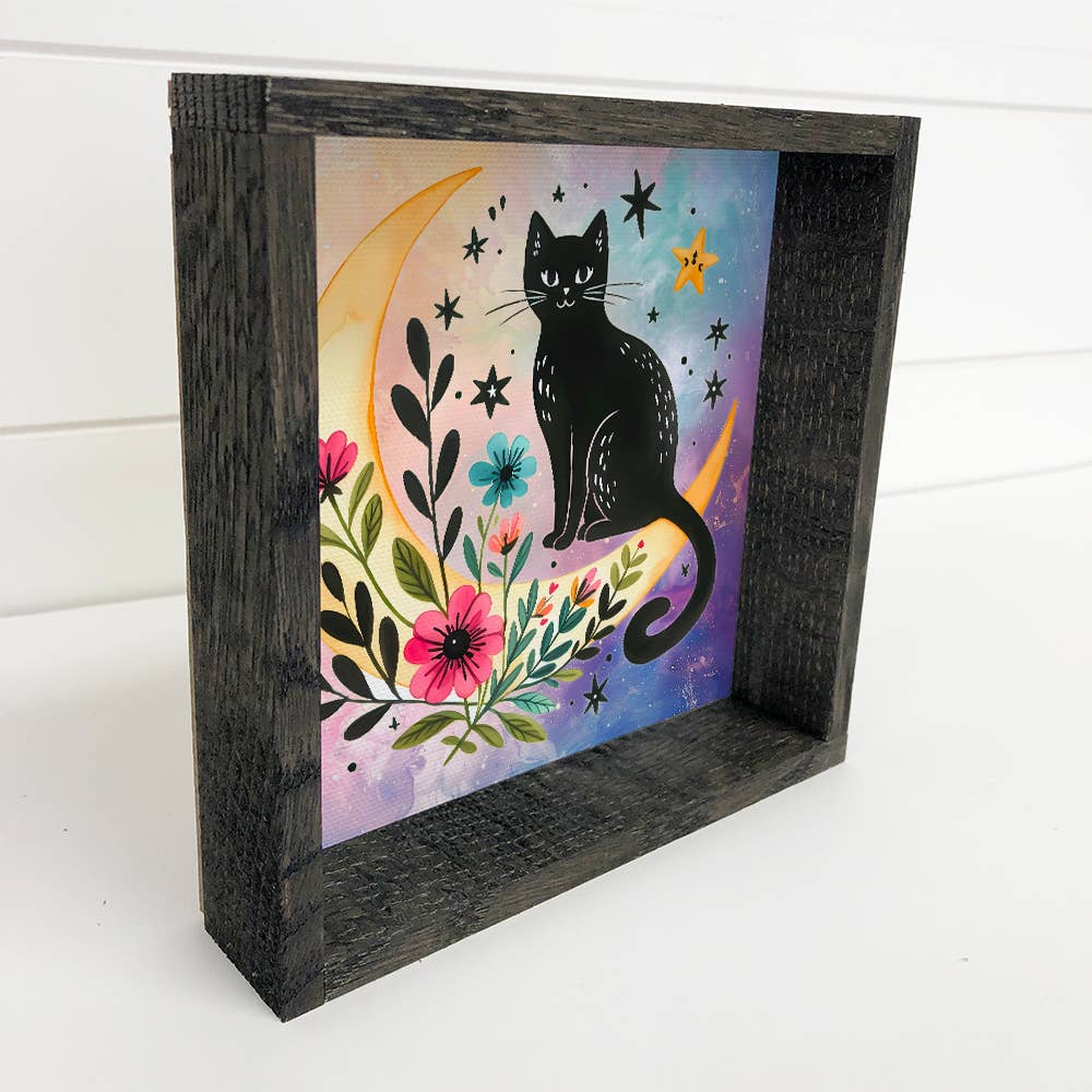 Celestial Moon and Cat - Cat Canvas Art - Wood Framed Decor