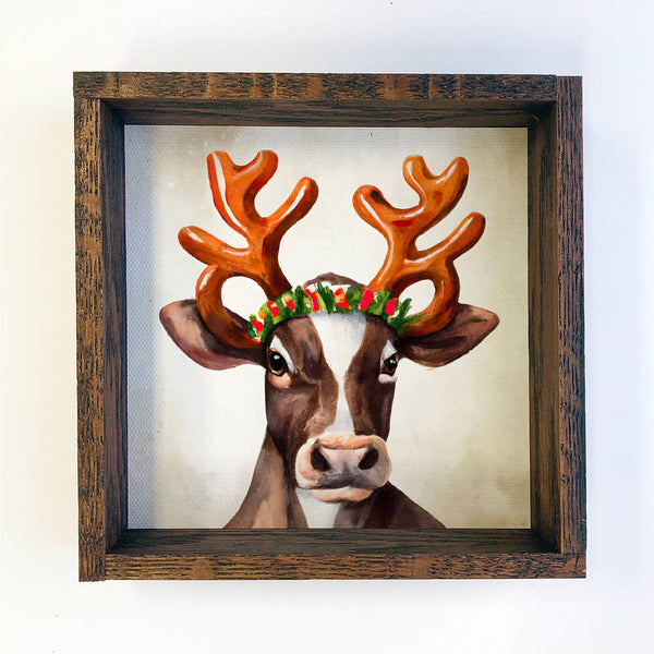 Funny Christmas Sign - Cow Wearing Reindeer Antlers Painting