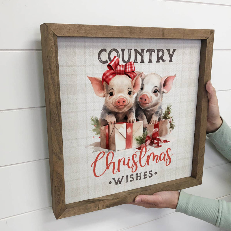 Country Christmas Wishes Pigs - Framed Holiday Canvas Art