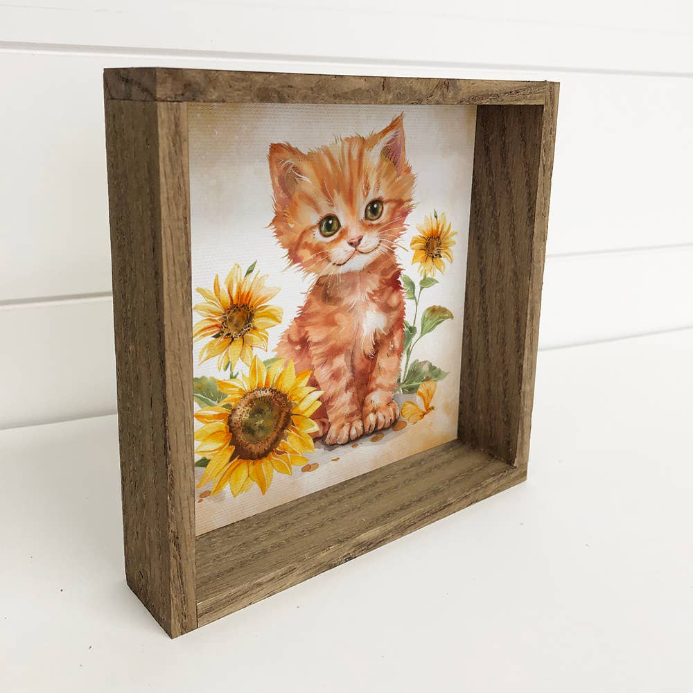 Smiling Cat with Sunflowers - Cat Canvas Art - Wood Framed