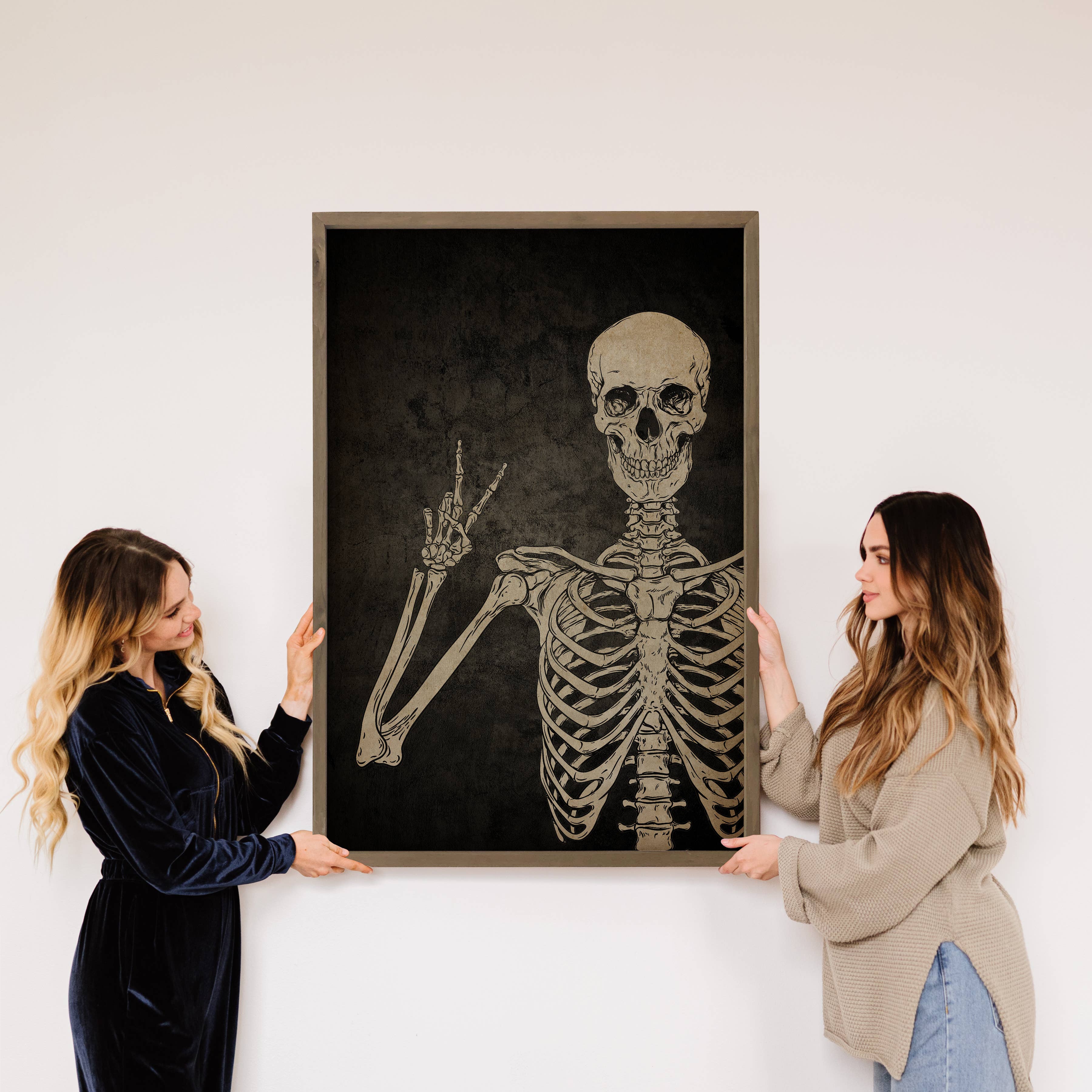 Skeleton Peace Hand Sign - Skeleton Canvas Art - Framed Art