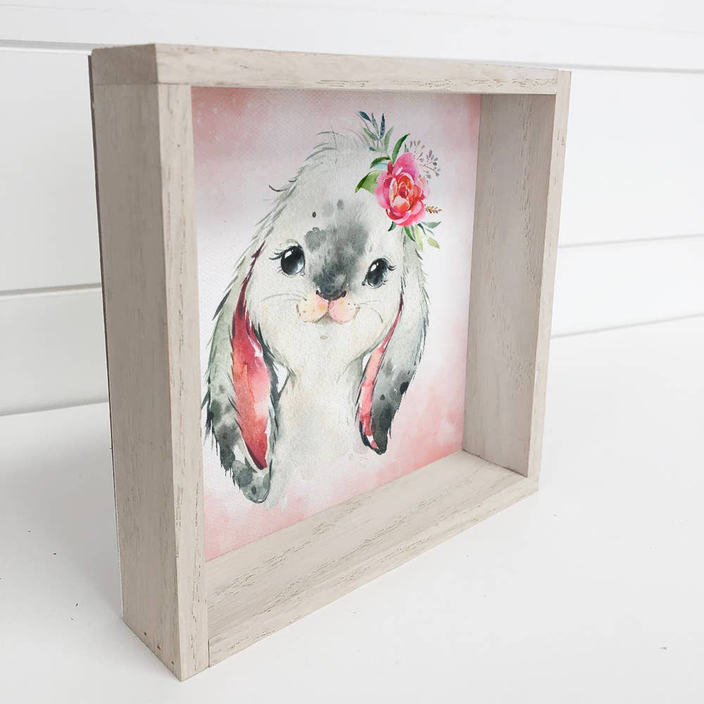 Little Girl Bunny Watercolor Small Whitewash Framed Decor