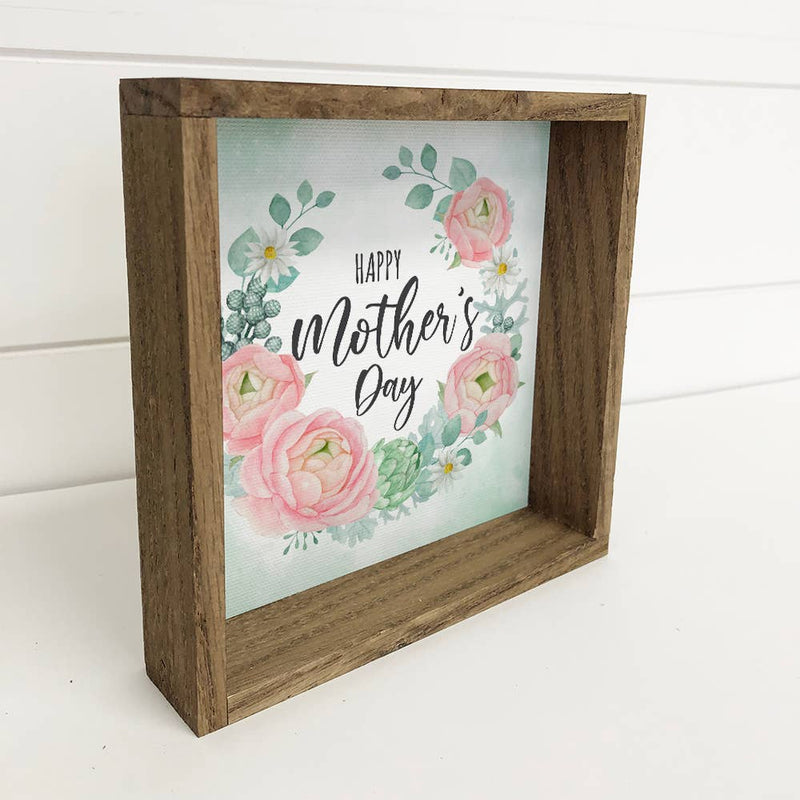 Happy Mother's Day Wreath Wood Sign - Green and Pink