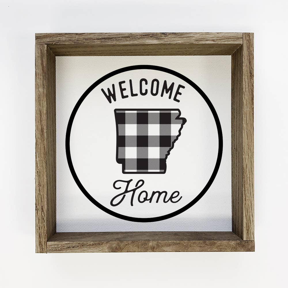 Welcome Home Arkansas Buffalo Plaid Small Canvas Sign